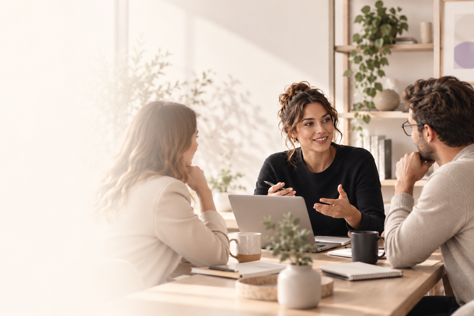 Trois entrepreneurs adultes en discussion autour d'un ordinateur portable dans un bureau lumineux