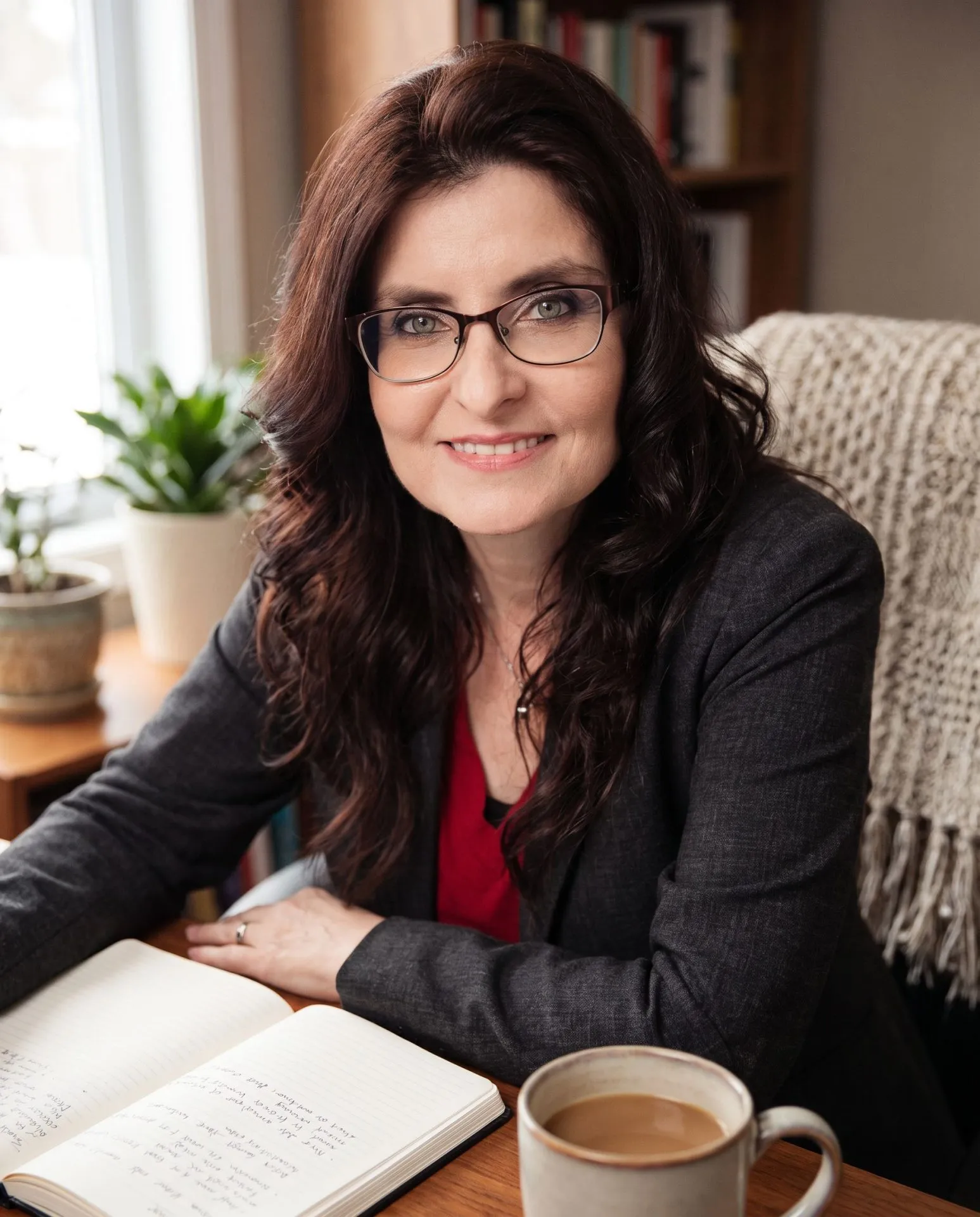 Sylvie Cousineau, créatrice de SessionHub HQ, assise à son bureau avec un carnet et un café
