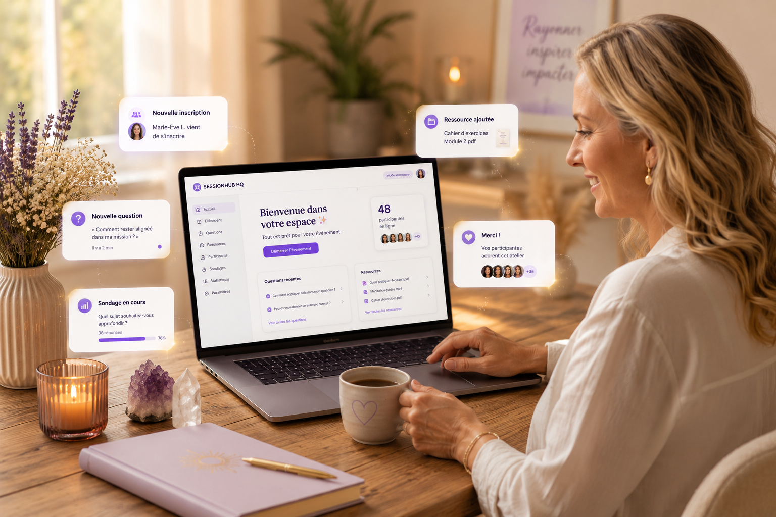 Femme animant un événement en ligne avec l'interface SessionHub HQ et des notifications flottantes