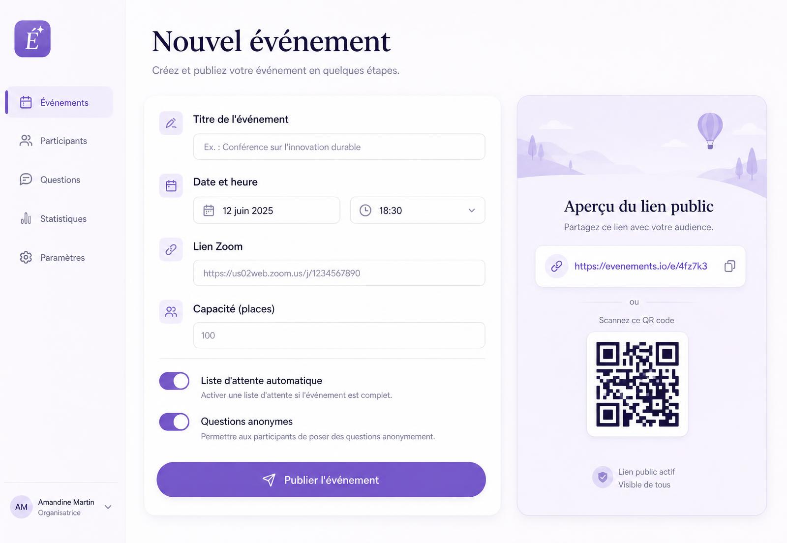 Tableau de bord de préparation d'un événement SessionHub HQ