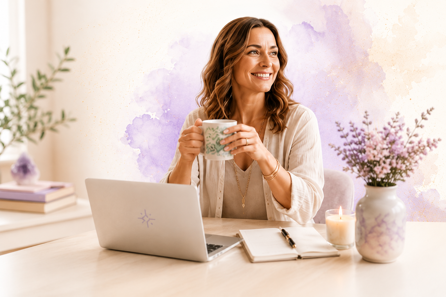 Coach souriante au bureau avec un café et un ordinateur portable