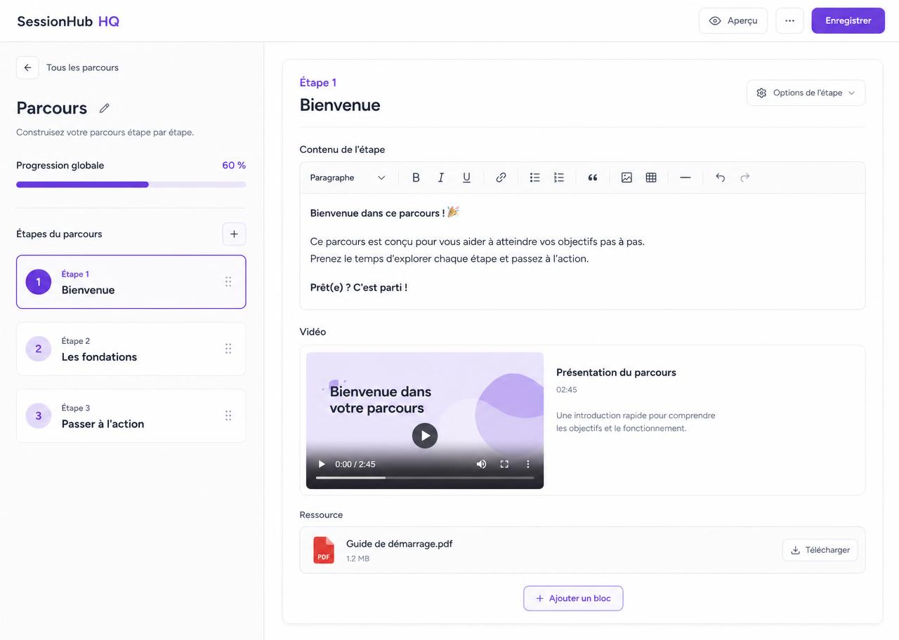 Éditeur de Parcours SessionHub HQ avec étapes et contenus