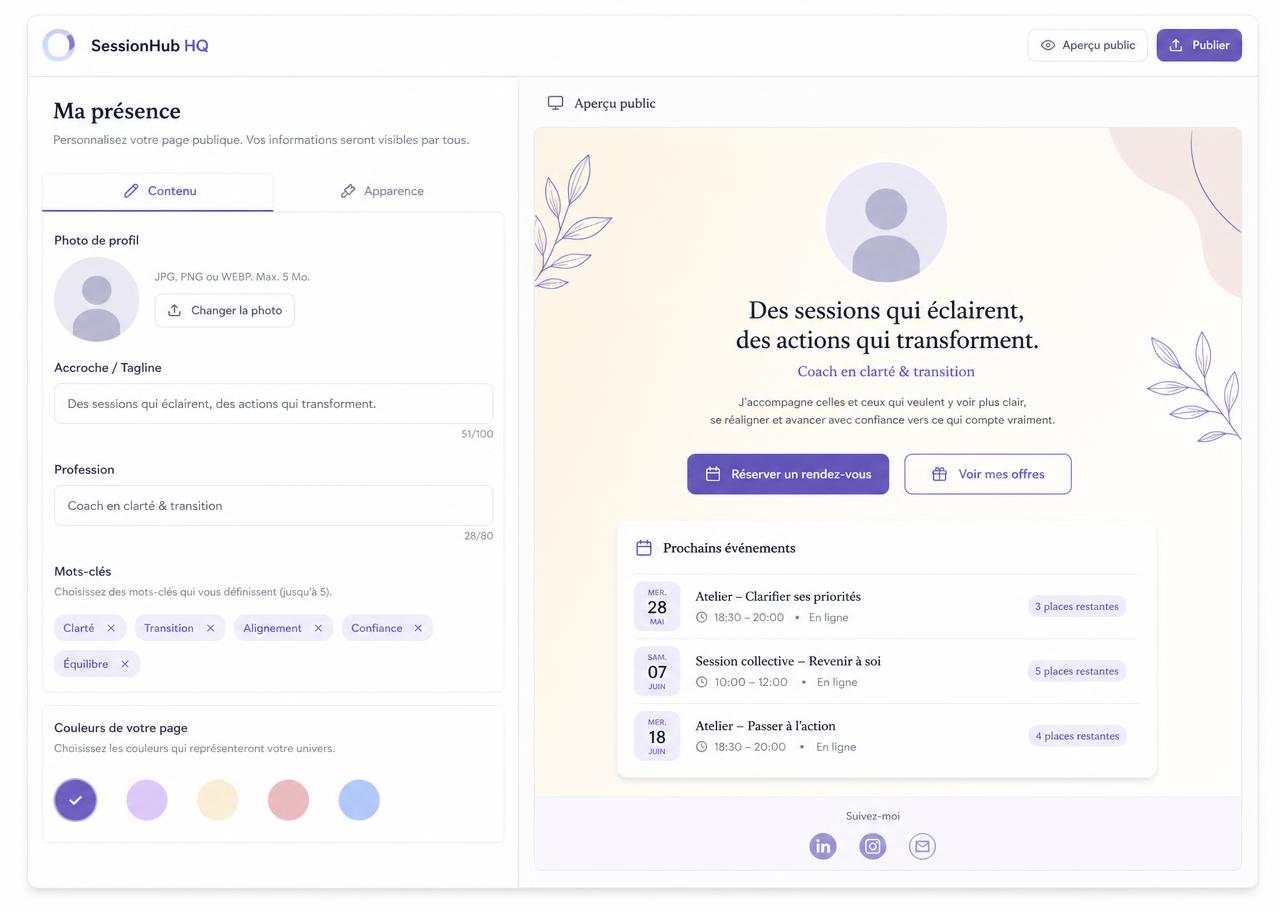Éditeur de la page Ma présence avec aperçu public