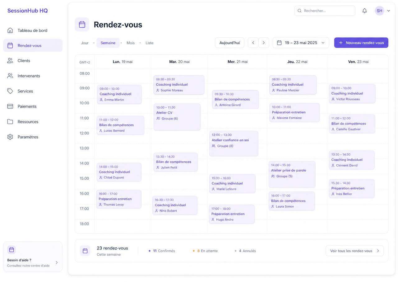 Calendrier de rendez-vous SessionHub HQ