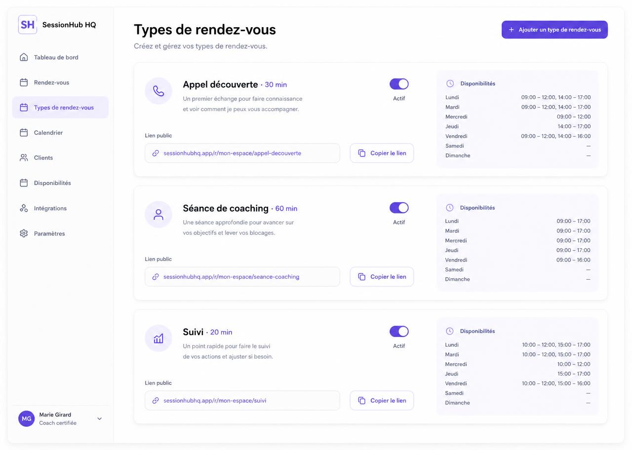 Types de rendez-vous et lien public