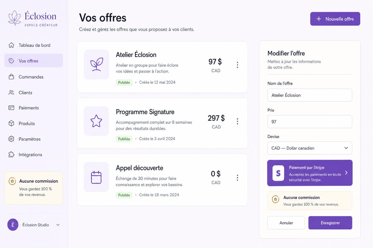 Création d'une offre et paiement dans SessionHub HQ